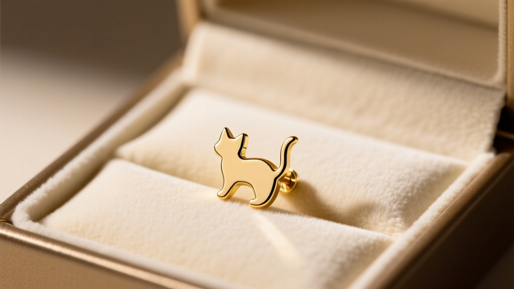 Close-up of a gift box revealing 14k gold minimalist kitty stud earrings resting on cream velvet under soft warm studio lighting