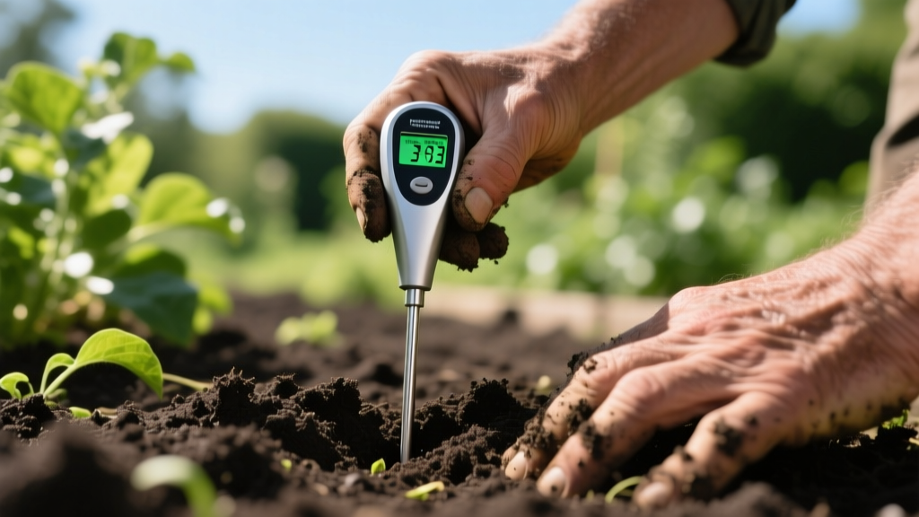 Close-up of a gardener inserting a digital 3-in-1 soil moisture and pH meter probe into dark, loamy garden bed soil