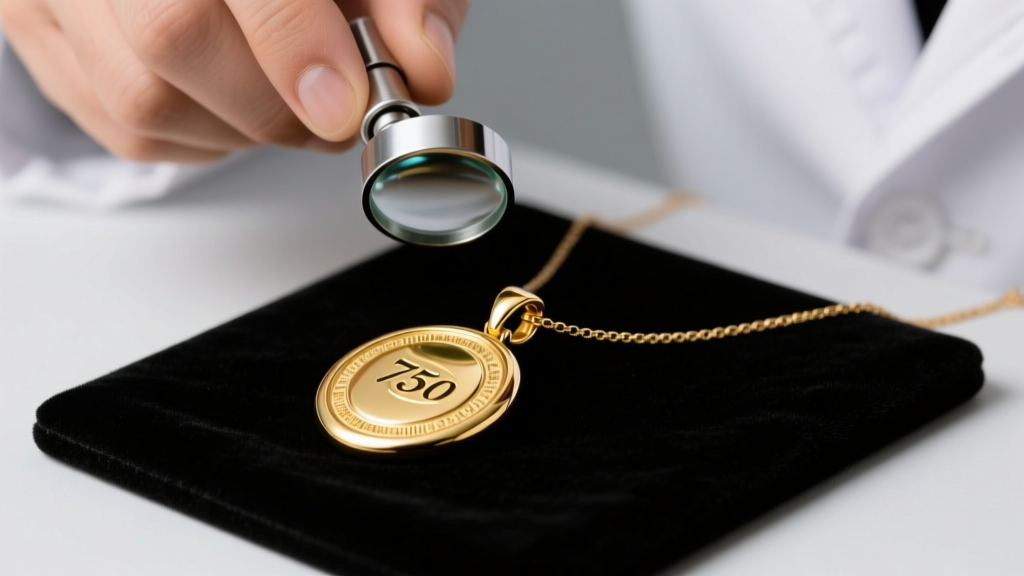 Jeweler using a loupe to inspect the 750 hallmark stamp on the clasp of an 18k gold pendant necklace under bright studio light
