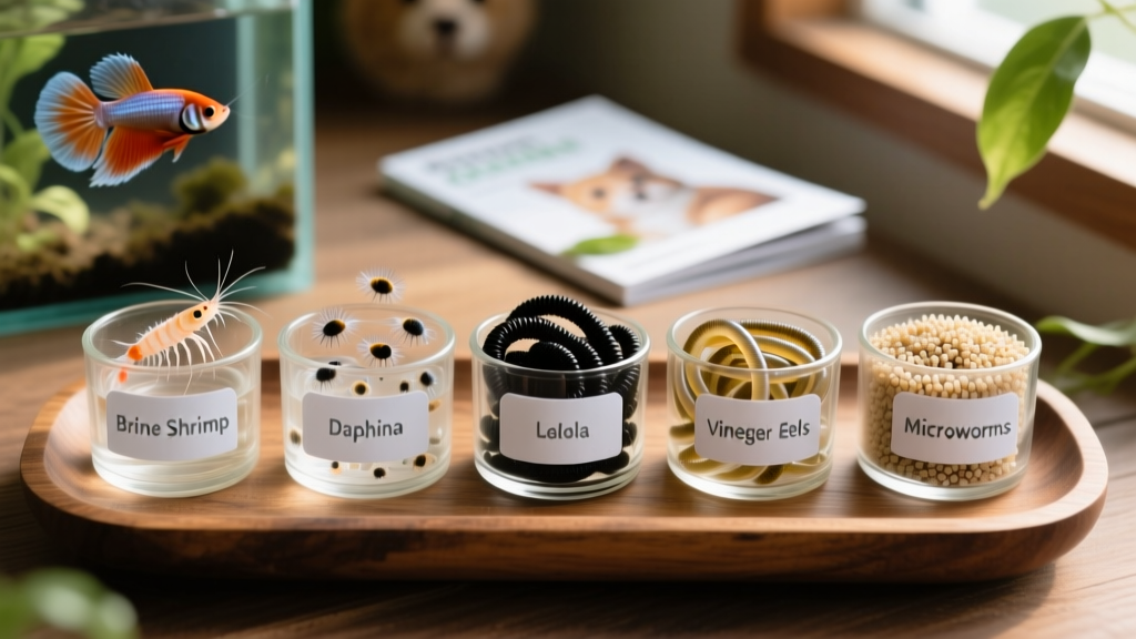 Side-by-side comparison of five common live foods: brine shrimp, daphnia, blackworms, vinegar eels, and microworms in small containers