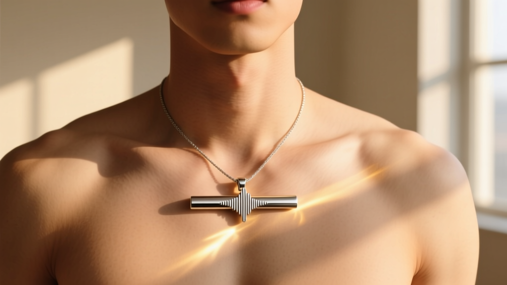 Brushed stainless steel bar pendant with a minimalist soundwave engraving, resting on a male chest in warm natural sunlight.