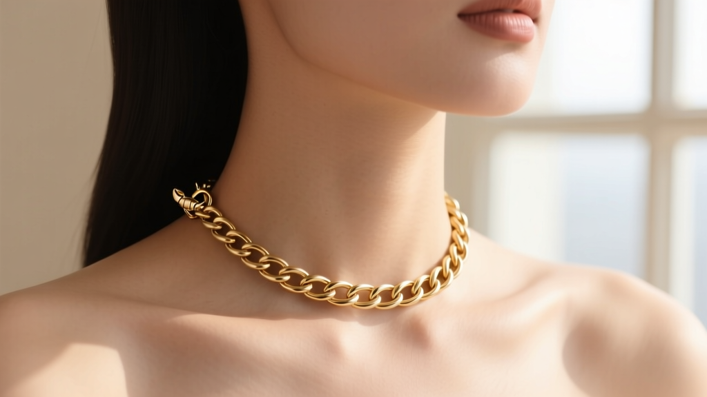14k gold cable chain choker necklace on a collarbone, soft lighting highlighting the fine metal links and secure lobster clasp