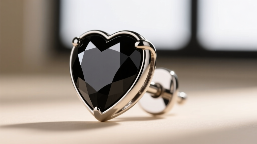 Close-up of black onyx heart gemstone bezel-set in a 14-gauge titanium cartilage earring, highlighting the high polish finish