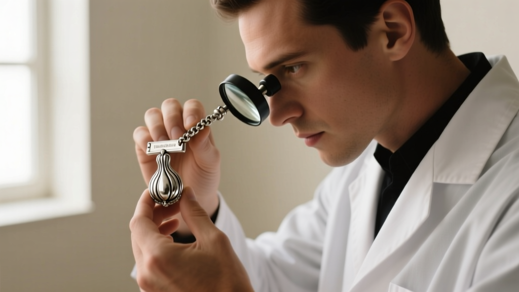 Jeweler examining the back of a vintage silver squash blossom necklace clasp with a loupe, revealing faded early maker hallmarks