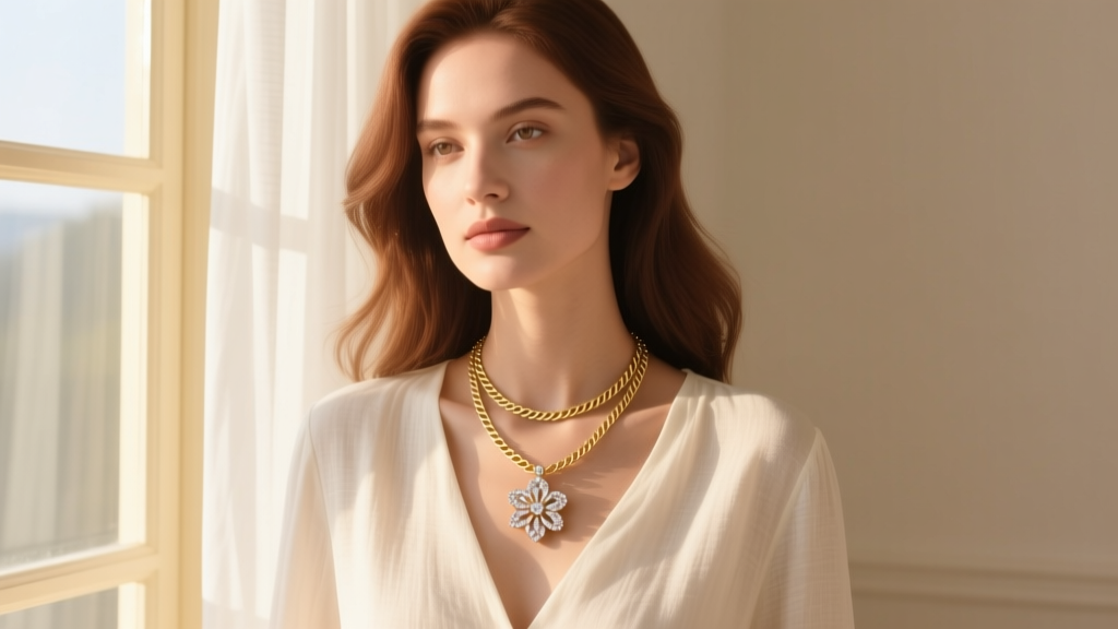 Woman wearing a layered demi-fine floral pendant and a gold herringbone chain, captured in natural sunlight near a bright window