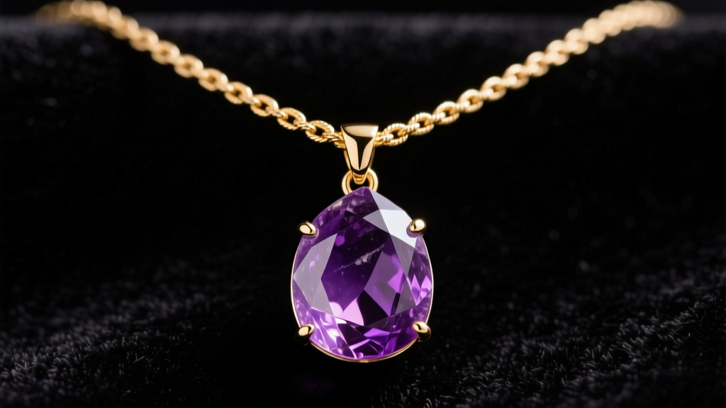 Close-up of a Conan Olivia necklace with a raw amethyst pendant on a 14k gold vermeil rope chain, studio lit against dark velvet