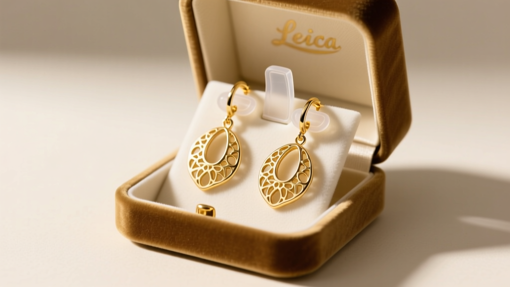 Velvet box with lightweight hollow 14k gold chandelier earrings and clear silicone earring support pads under soft studio lighting