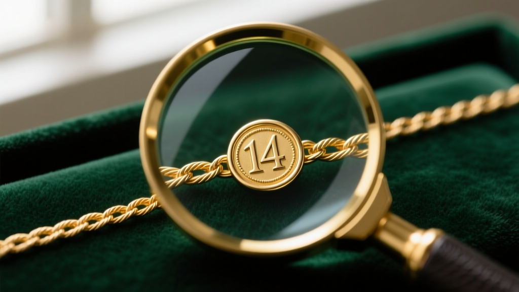 Close-up of a jeweler's loupe inspecting a 14k gold-filled hallmark stamped on a delicate cable chain against dark green velvet.