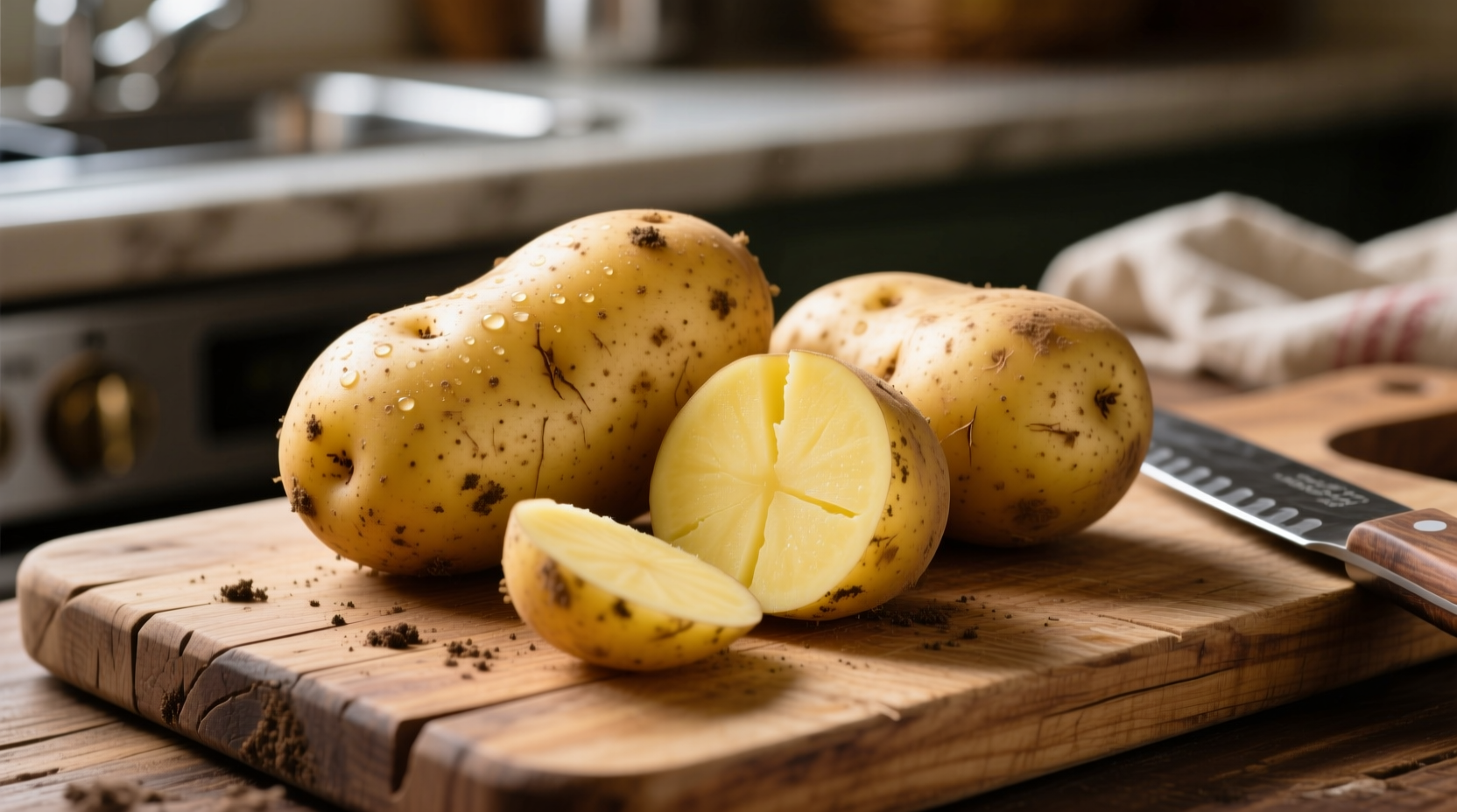 Yukon Gold potatoes with skin on cutting board