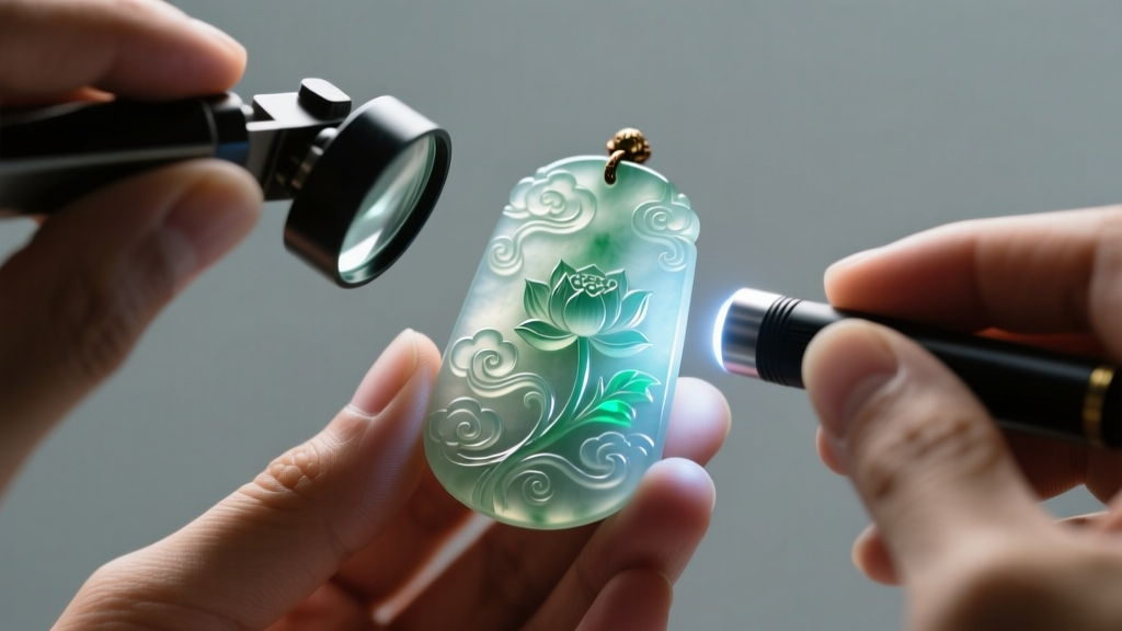 Gemologist hands using a loupe and UV flashlight to inspect surface texture and polymer fluorescence of a carved jade pendant.