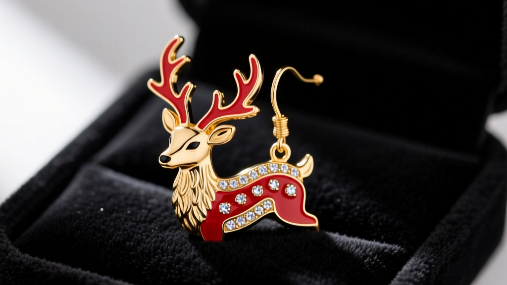 Macro shot of a heavy gold-tone reindeer dangle earring with red enamel and crystals resting on a dark velvet jewelry repair mat.