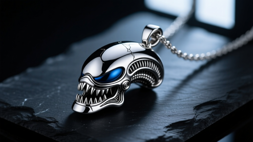 Macro photography of a detailed 316L stainless steel Xenomorph head pendant necklace resting on dark slate, dramatic lighting