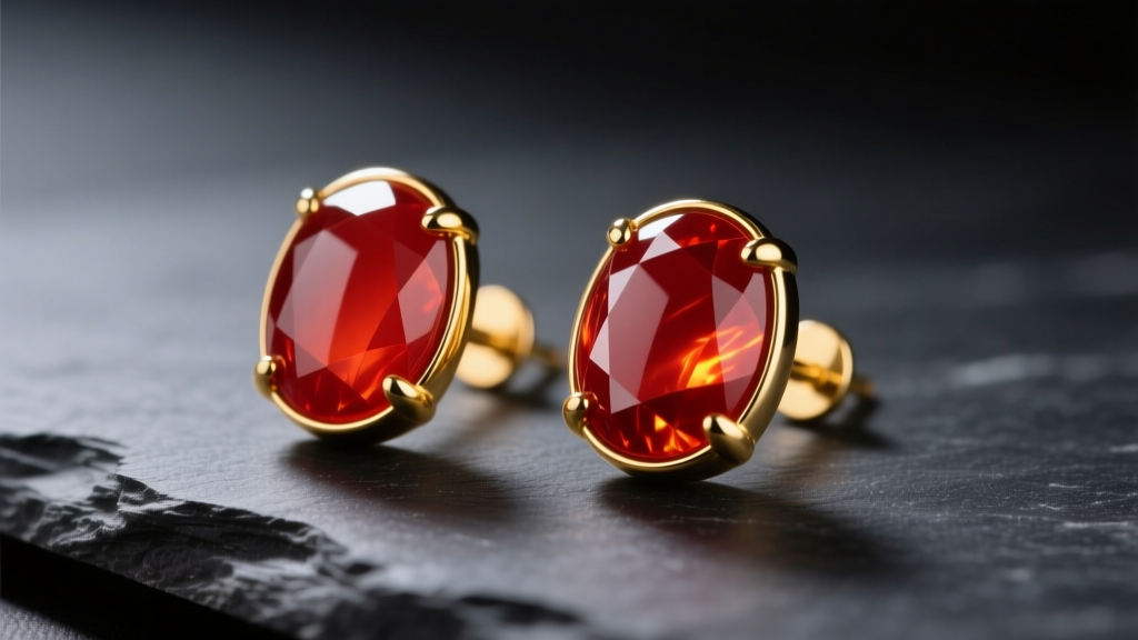 Polished red jasper cabochon stud earrings in 14k yellow gold bezels resting on dark slate under soft, moody directional light