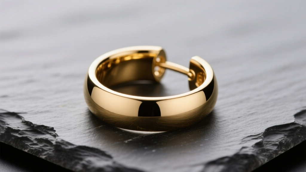 Close-up of a polished 14k gold band earring on slate, showing the seamless hinge and thick profile in soft studio light