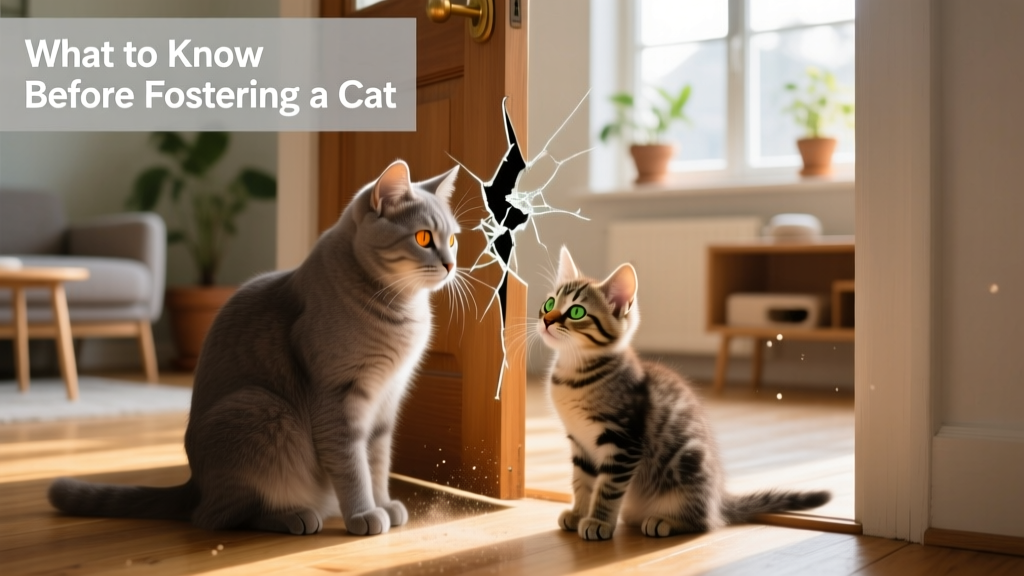 Two cats—one adult resident and one young foster—observing each other calmly through a cracked door