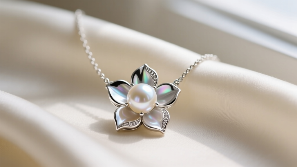 Close-up of a polished 925 sterling silver flower necklace with a freshwater pearl center, resting on soft cream silk fabric.