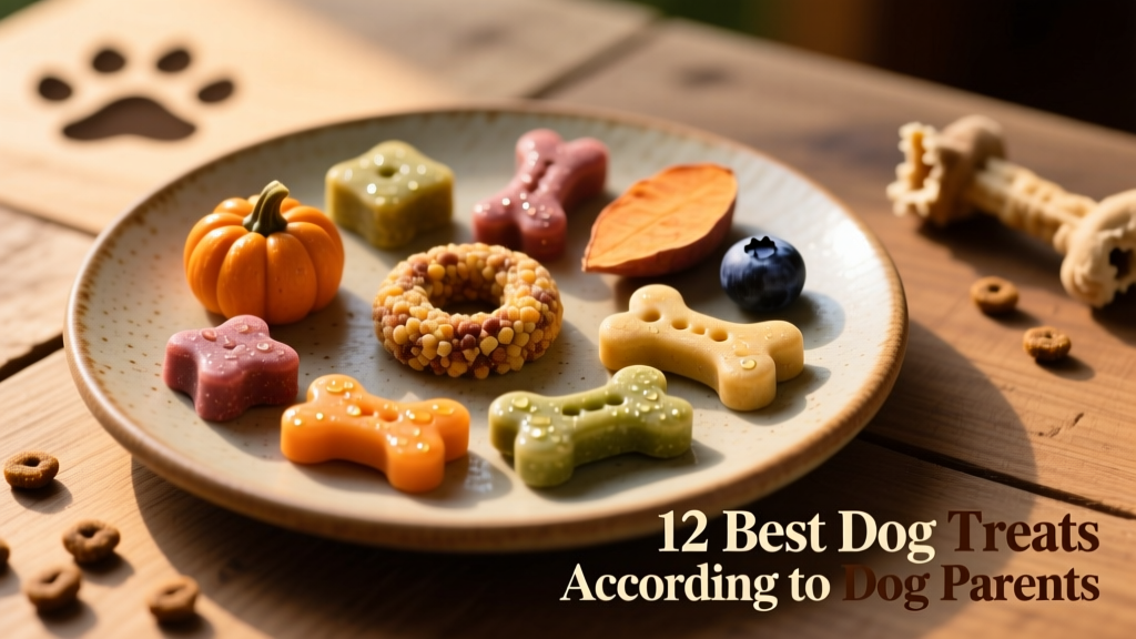 Assortment of colorful soft dog treats arranged on a ceramic plate