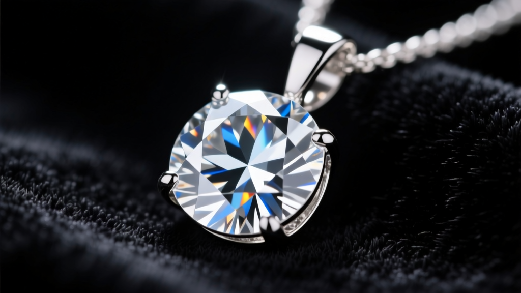 Macro shot of a 3-carat D-color diamond pendant set in platinum on black velvet, showing precise faceting and bright light return