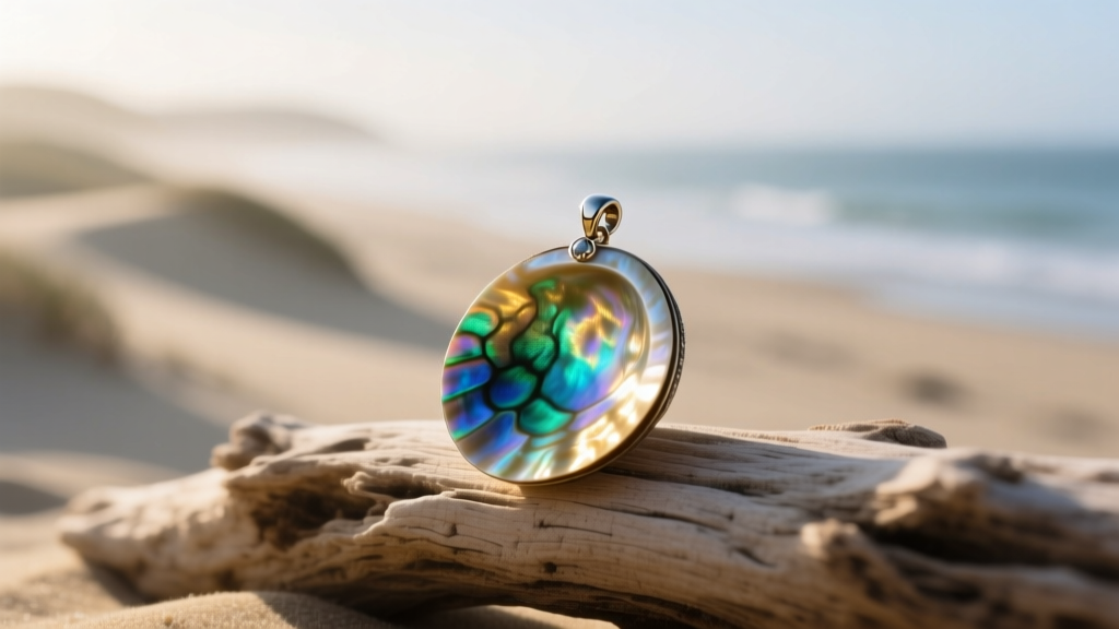Close-up of an iridescent natural abalone mermaid shell necklace pendant resting on sun-bleached driftwood with soft morning light