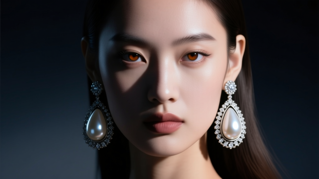 Portrait of a young woman wearing a massive teardrop pearl earring, dramatic chiaroscuro lighting, dark moody background
