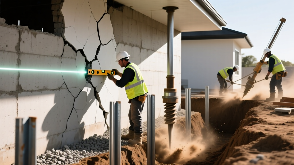 Contractor inspecting a cracked basement wall with a laser level while steel push piers are installed in an exterior dirt trench.