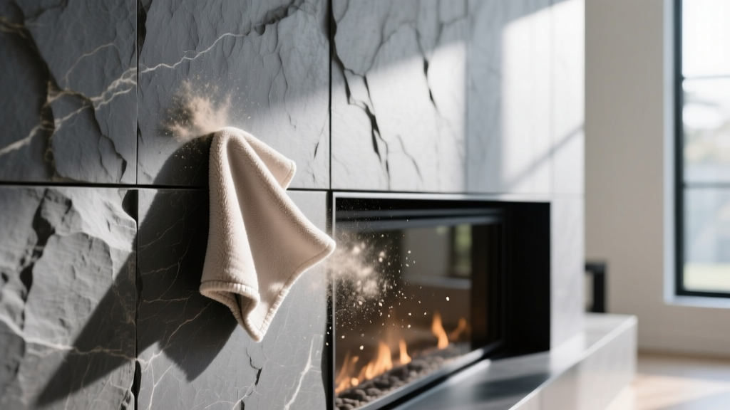 Close-up of a soft microfiber cloth gently wiping dust off textured charcoal stacked interior stone veneer panels beside a modern fireplace