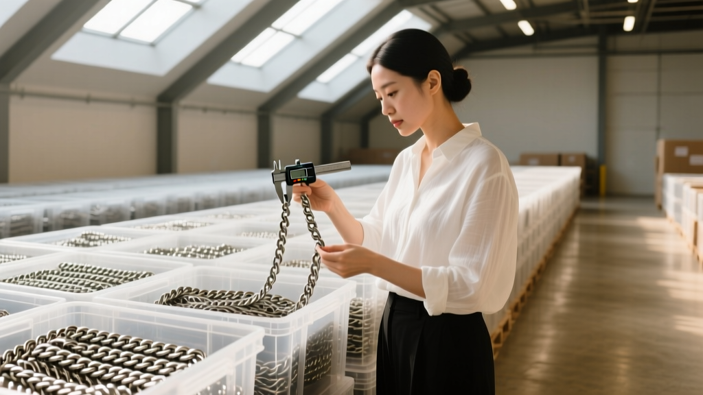 Boutique owner inspecting a bulk shipment of stainless steel herringbone chains with a digital caliper in a well-lit warehouse