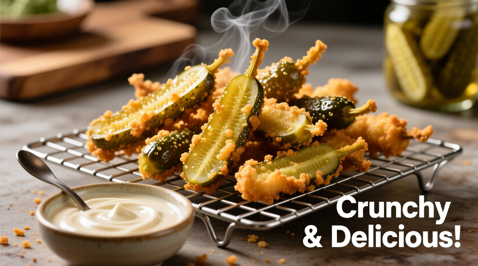 Golden fried pickles on wire rack with ranch dip