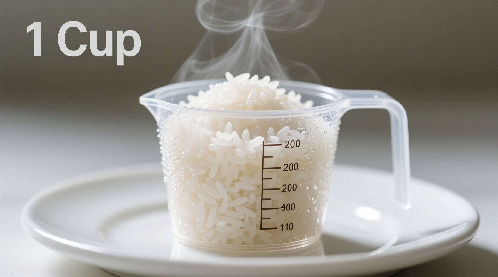 Cooked white rice portion in measuring cup