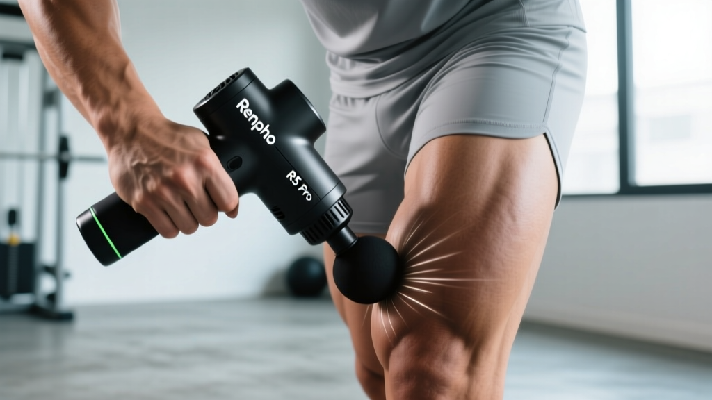 Close-up of the Renpho R5 Pro massage gun percussion head pressing deep into a athlete