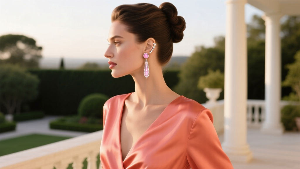 Side profile of a woman with an updo wearing blush enamel ear cuffs and drop earrings, paired with a V-neck silk holiday dress