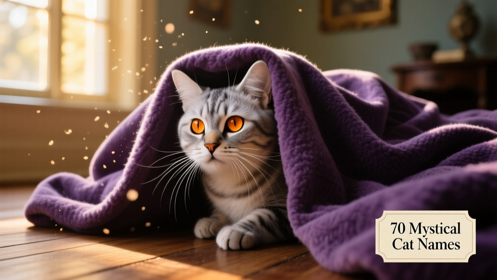 A mystical cat peering from underneath a pile of purple blankets