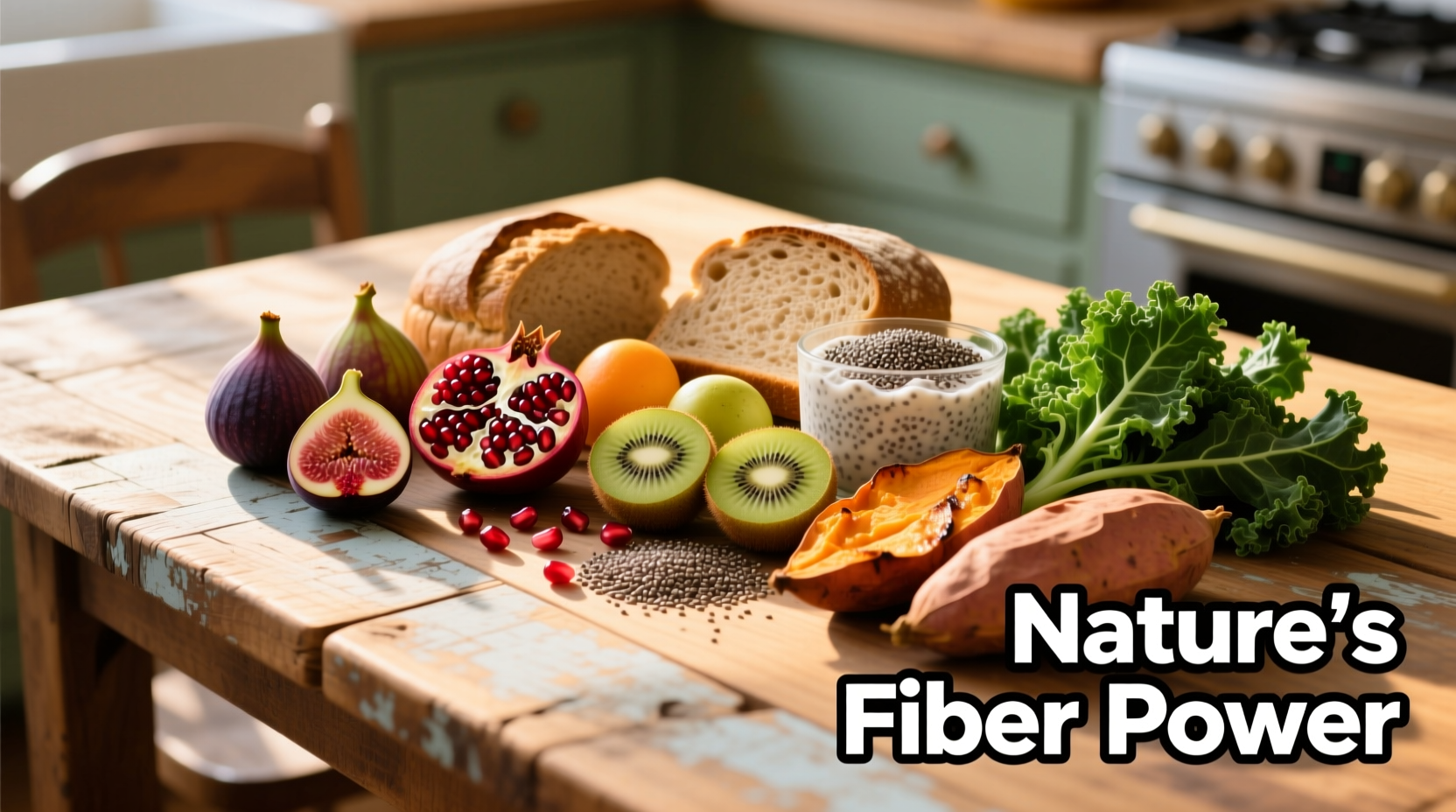 Colorful high-fiber foods arranged on wooden table