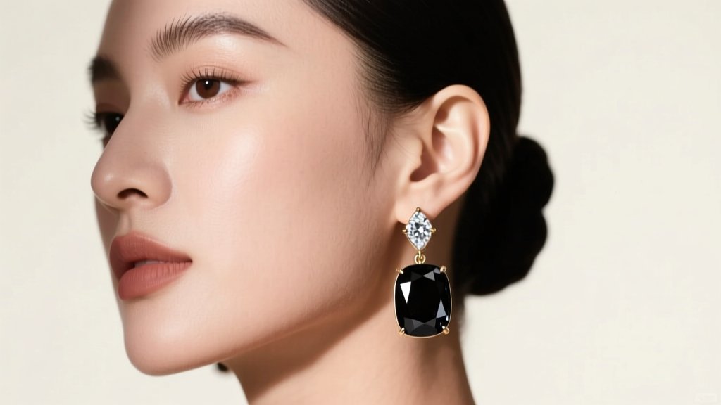 Profile of a woman wearing 18k white gold black diamond hanging earrings, opaque stones contrasting against soft studio lighting.