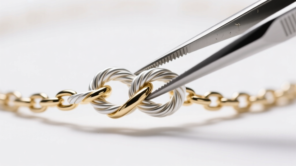 Macro shot of a tangled 0.8mm white gold cable chain from a station necklace, with titanium tweezers gently pulling apart a knot.