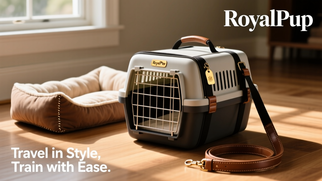 A compact soft-sided crate folded into a carry bag next to a rolled-up dog bed and leash