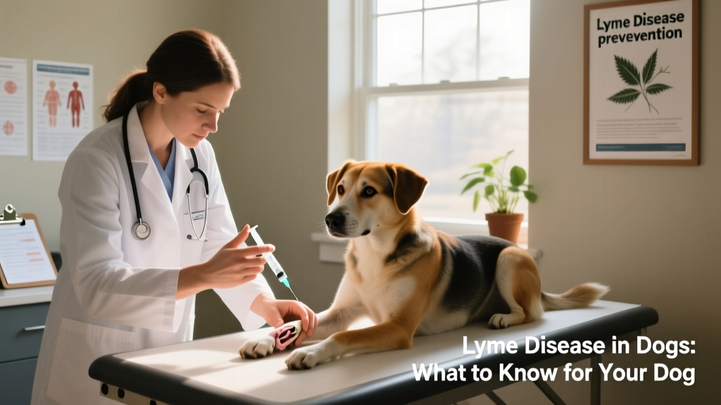 Veterinarian examining a dog’s swollen joint while holding a syringe, with a calm, well-lit exam room background