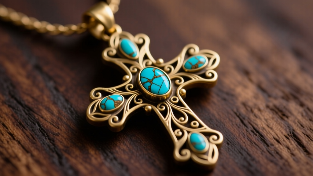 Macro shot of a brass western cross pendant showing detailed filigree scrollwork and natural matrix turquoise stones on dark wood.