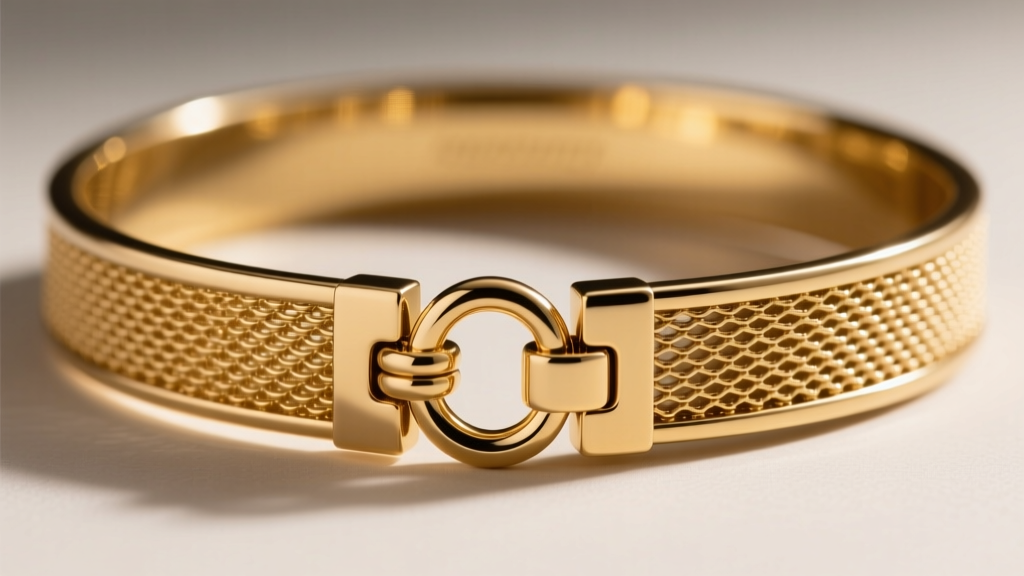 Underside of a 9ct gold mesh collar, showing a hidden box clasp with a figure-8 safety catch engaged on the polished metal edge.
