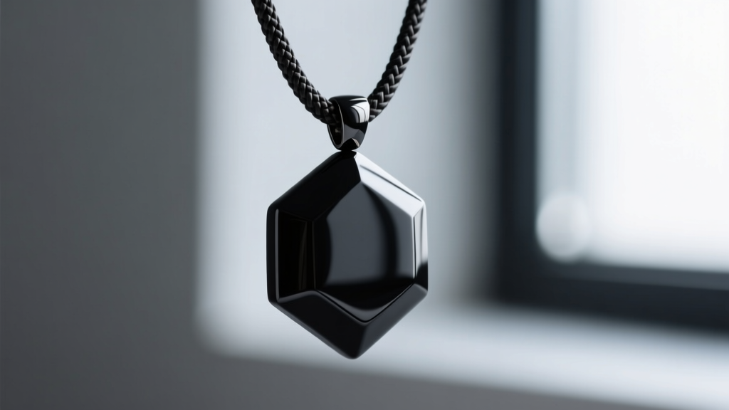 Close-up of matte black zirconium ceramic pendant on woven carbon fiber cord, showing light reflection on smooth edges.
