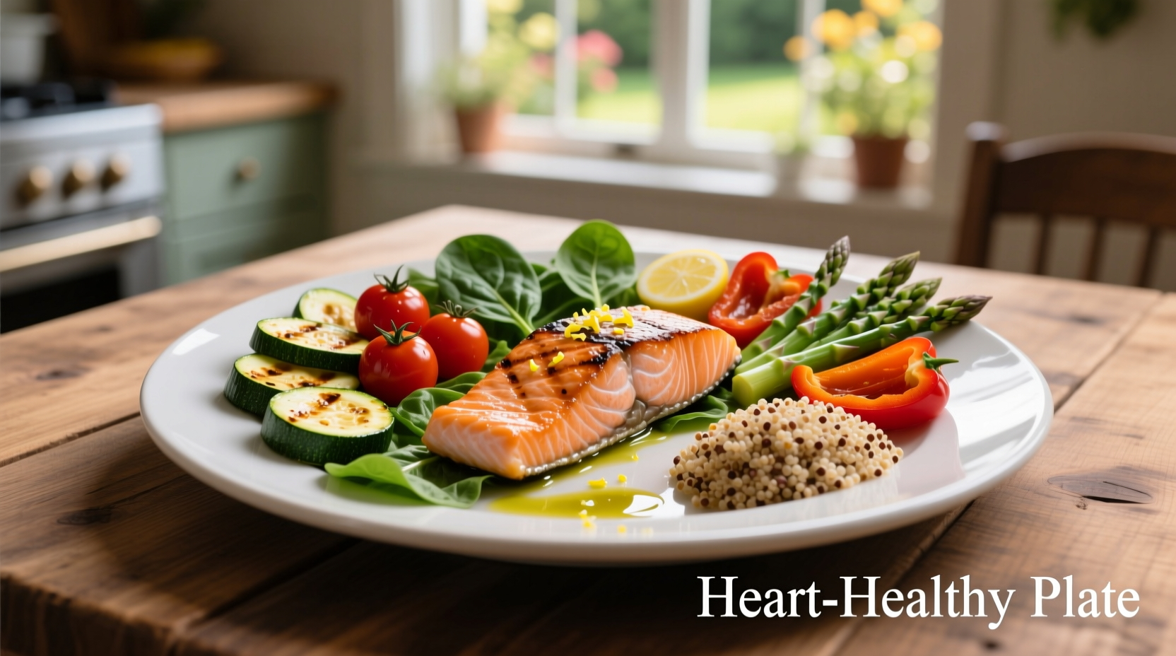Healthy heart diet plate with vegetables and fish