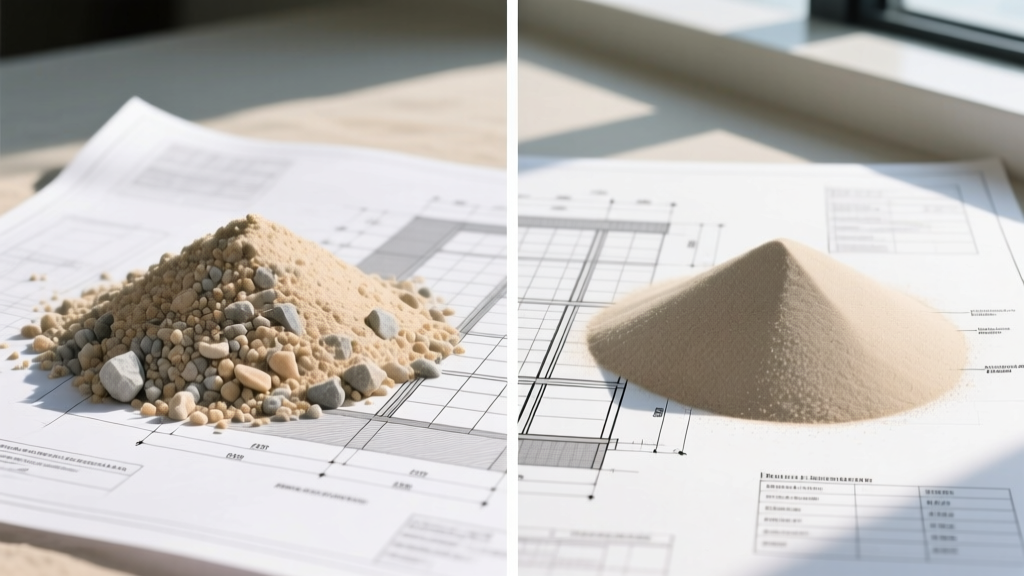 Split close-up of coarse concrete sand and fine masonry sand resting on a structural mix design blueprint in bright daylight.