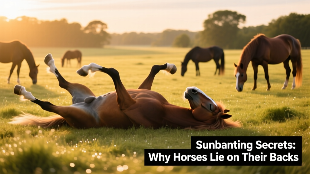 A serene wide shot of a pasture with one horse lying on its back in the center, surrounded by grazing companions