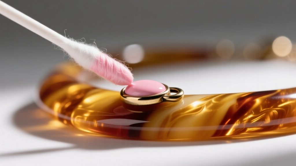 Macro shot of a cotton swab with pink Simichrome polish gently rubbed against the hidden clasp of an amber Bakelite necklace.