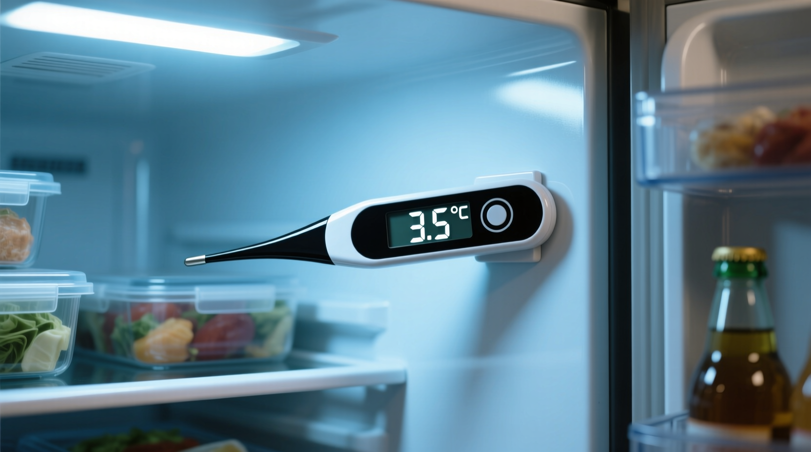 Thermometer showing refrigerator temperature