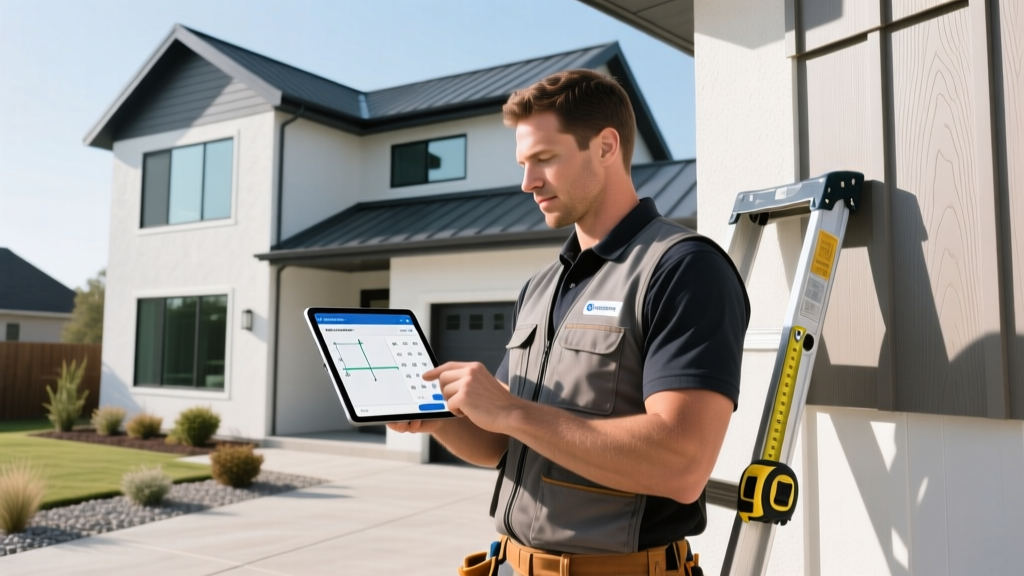 Contractor using a digital tablet with a siding material calculator app to measure exterior walls on a modern two-story home
