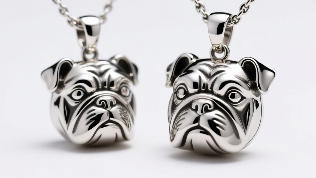Macro shot of rhodium-plated sterling silver and 316L steel english bulldog pendants showing detailed facial wrinkles