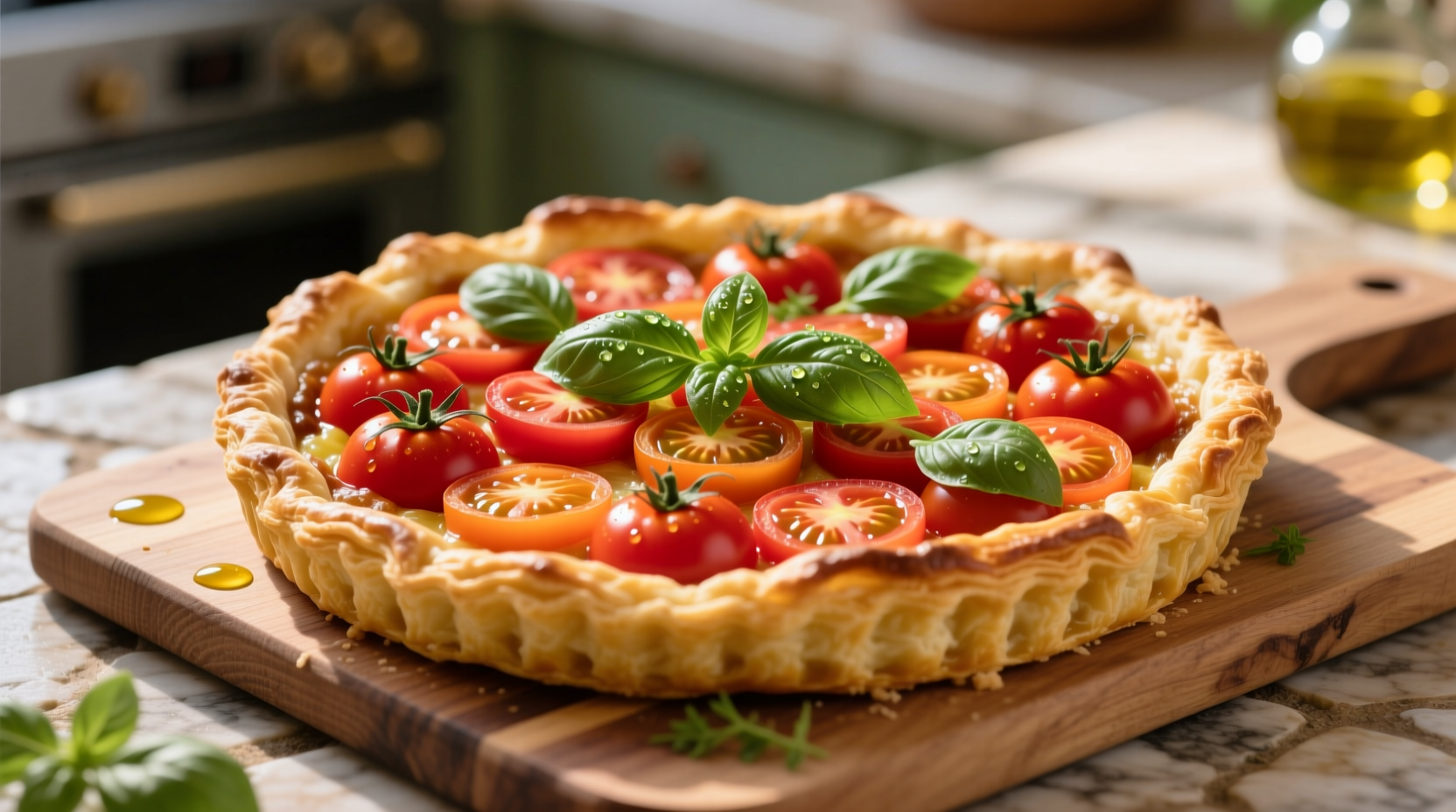 Golden puff pastry tomato tart with fresh basil garnish