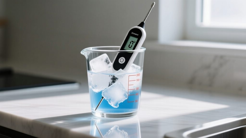 Calibrating a digital thermometer using an ice bath in a glass measuring cup filled with crushed ice and cold tap water