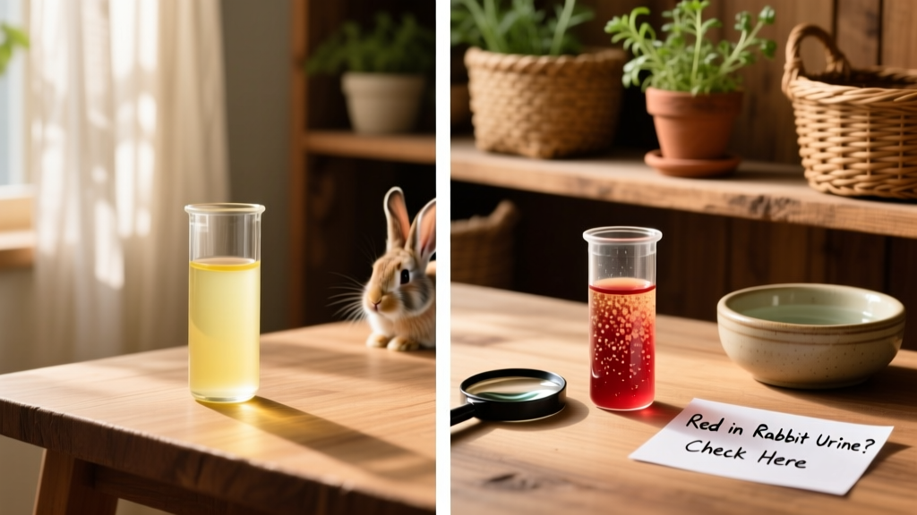 Side-by-side comparison of healthy rabbit urine (pale yellow) and abnormal urine with visible red tint and sediment